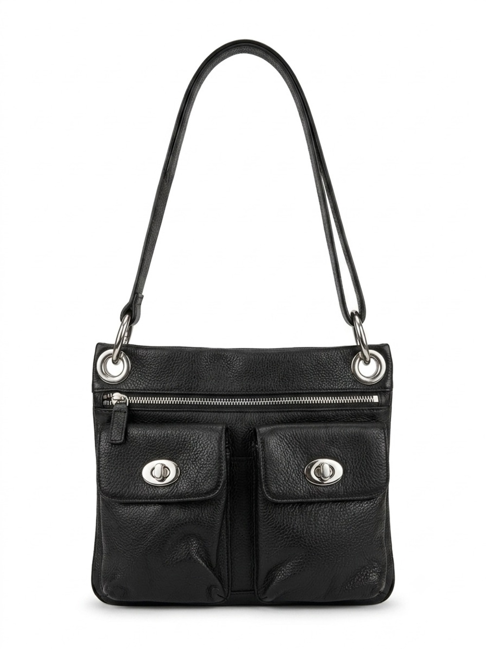 Danier Black Pebbled Leather Multi-Pocket Crossbody/Shoulder Bag Silver Hardware